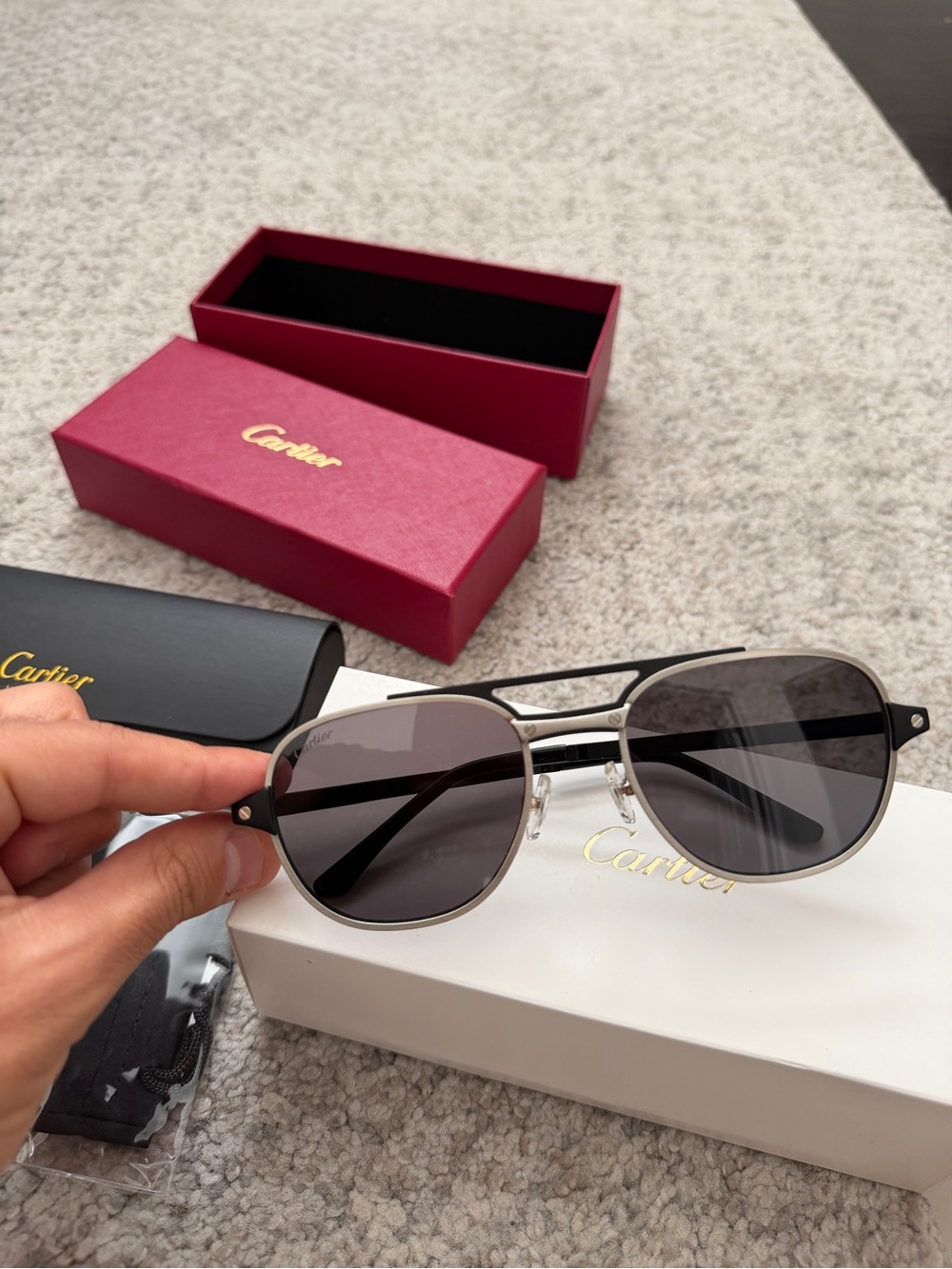 Cartier Men’s Black and Silver Pilot Sunglasses